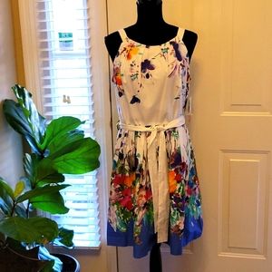 R&K Originals floral fit flare dress white purple aqua blue floral size 10 NEW…